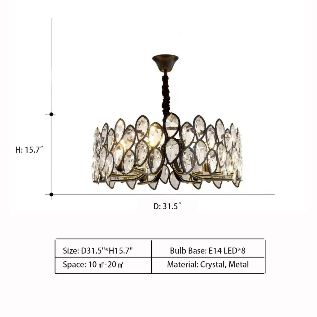 Round: D31.5"*H15.7"   LODFJDS Decor Hanging lamp, LED Chandeliers, Branch-Shaped Led Restaurant Bedroom Living Room Study Staircase European-Style Simple European Gold Round Crystal Chandelier (Color : Blackd80cm)  LUCINDA LUXURY ROUND CRYSTAL CHANDELIER. CODE: CHN#447LUC0023