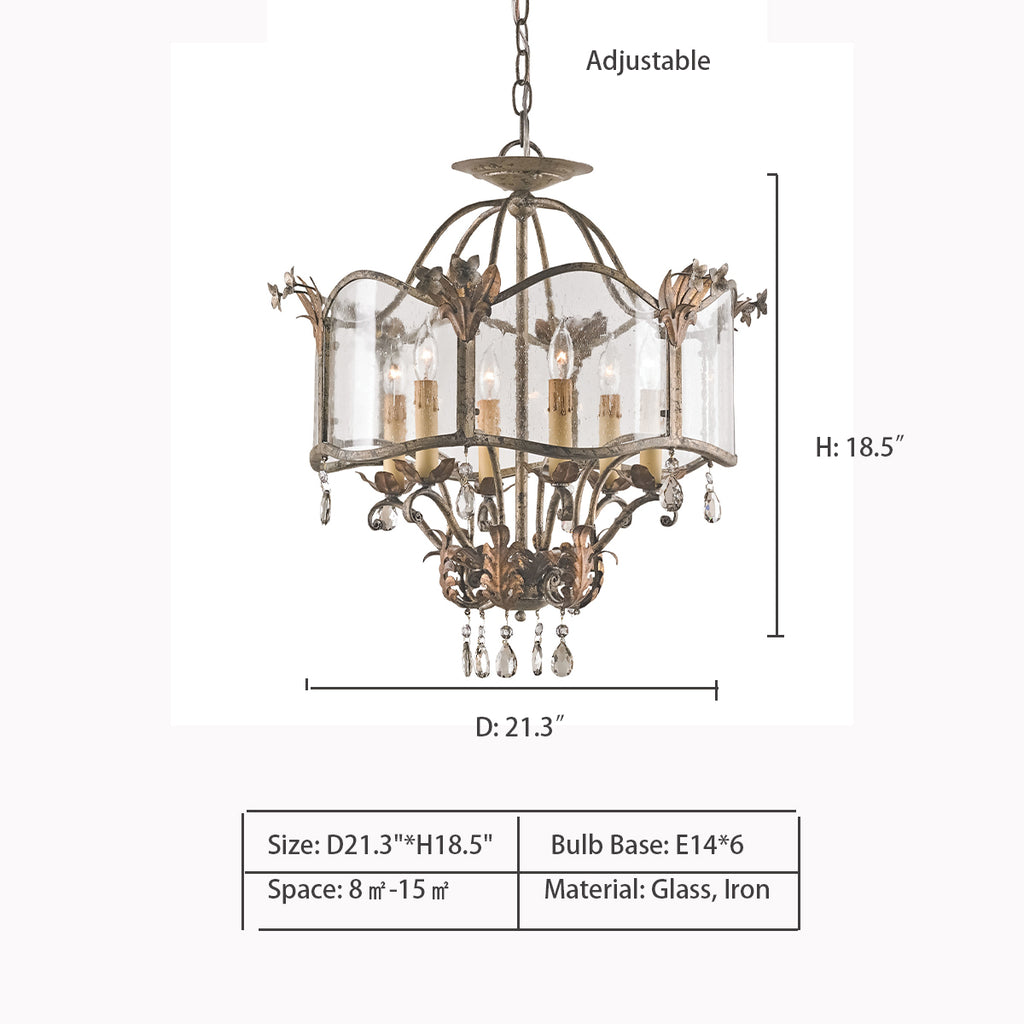 6 Heads: D21.3"*H18.5"   Rustic Wrought Iron Glass Shade Candle Pendant Chandelier for Dining Room/Bedroom
