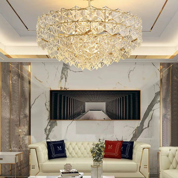 gold, glass, metal, facet, tiered, modern, round, hexagonal,  pendant, chandelier, bedroom, living room, round dining table