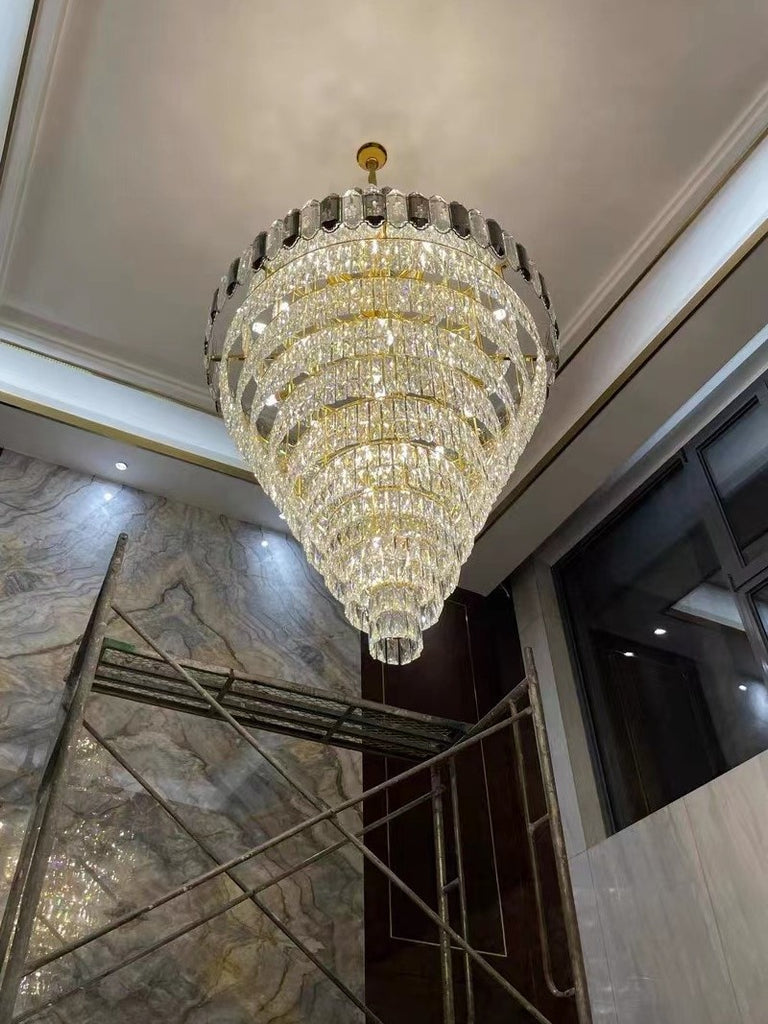 extra large crystal 2-story foryer / high ceiling living room / big hallway/ hotel entryway light fixture luxury modern stunning golden chandelier