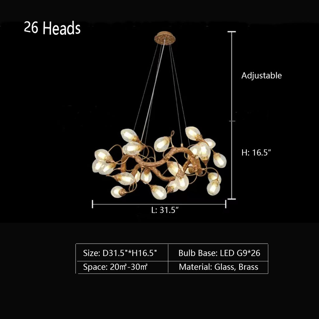 26Heads: D31.4"*H16.5" oversized, extra large, round, loop, clear seedy glass, branch, brass, pendant light, large dining room,bedroom, living room, home office , dinosaur egg