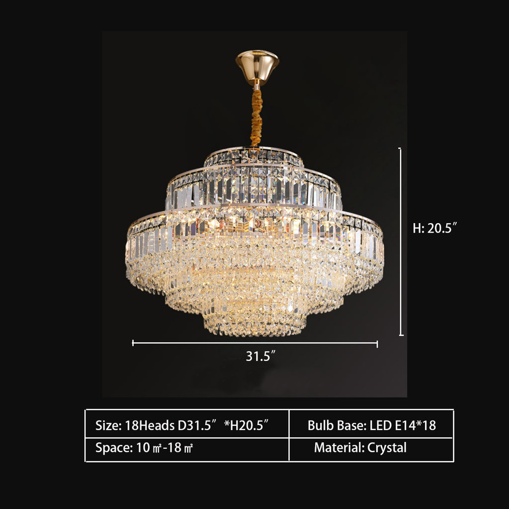Round 18Heads: D31.5"*H20.5"  crystal, round, tiered, oval, facet, diamond, pendant, chandelier, living room, dining room, bedroom, 