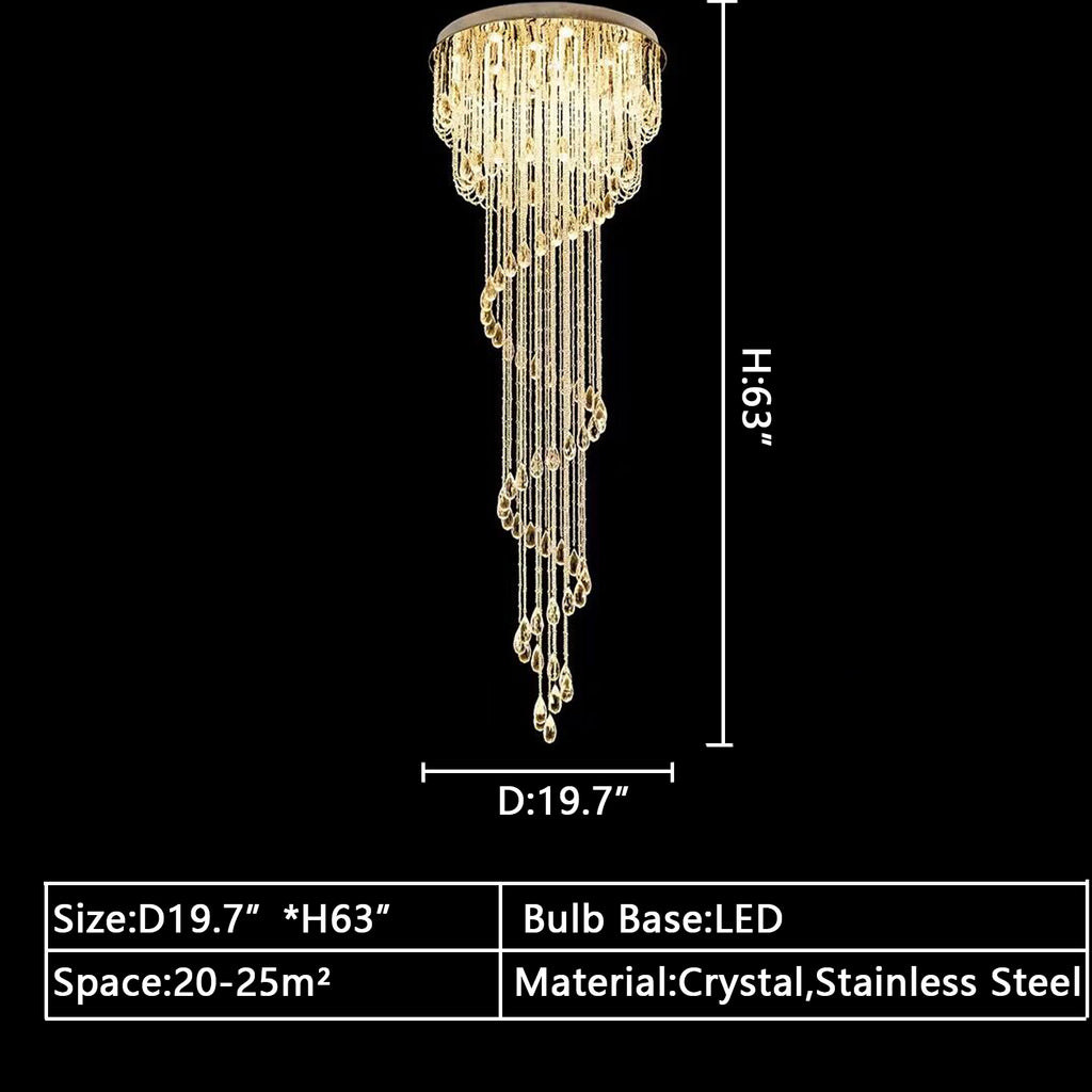 D19.7inches *H63inches extra large Cascade Spiral ceiling crystal long chandelier for 2-story/duplex buildings/big house/villas staircase,foyer,hallway entryway
