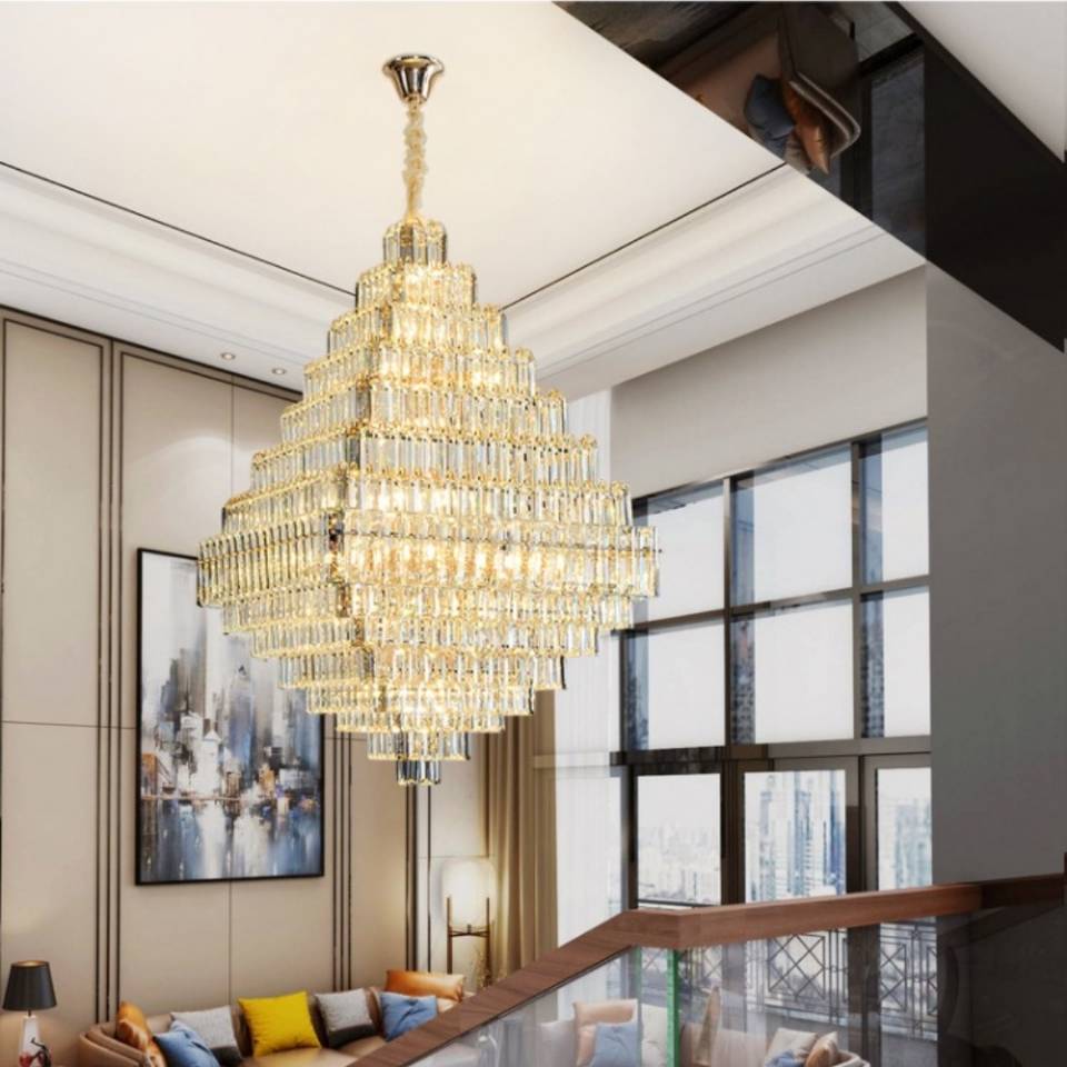 extra large crystal 2-story foryer / high ceiling living room / big hallway/ hotel entryway light fixture luxury modern stunning golden chandelier