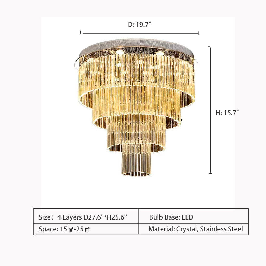 4 Layers: D27.6"*H25.6"   flush mount, extra large, multi-layer, tiered, crystal, chandelier, large living room,  