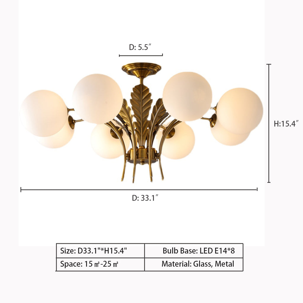 8Heads: D33.1"*H15.4"   KWOKING Modern Sputnik Chandelier 6 Lights Sphere Ceiling Light with Glass Globes Hanging Light with Leaf Decor - Cognac Finish    Jasmine Brass Feathers 6 Globes Chandelier, living room, bedroom, home office