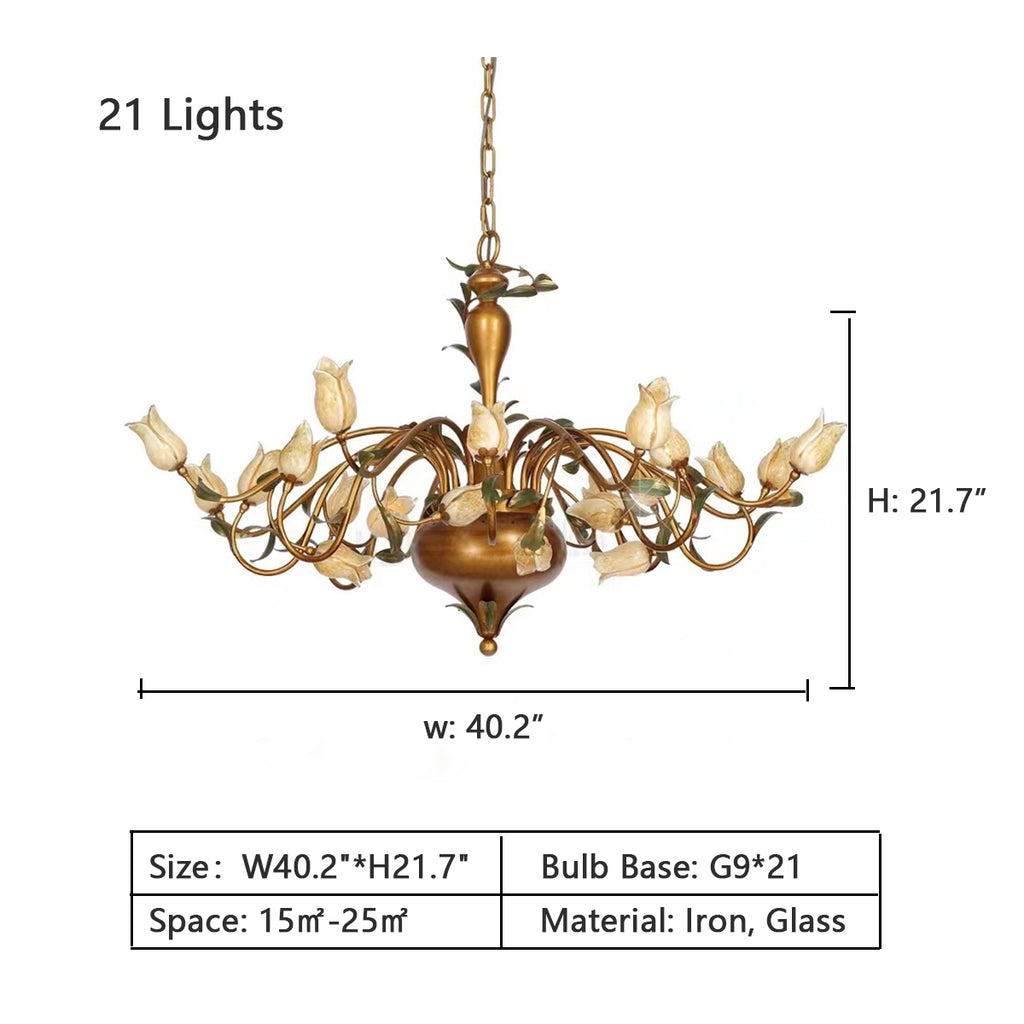 21Lights: W40.2"*H21.7"  vintage, antique, wrought iron, tulip flower, chandelier, pendant,  bedroom, girl's room, femal