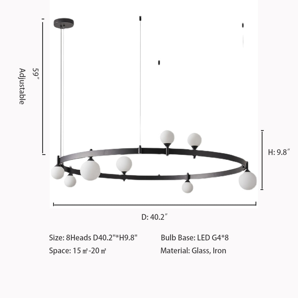 Round: 8Heads D40.2"*H9.8"  Large Nordic Minimalist Iron Ring Glass Light Chandelier for Living/Dining Room  classic black, loop, ring, wreath, garland, oversized, extra large