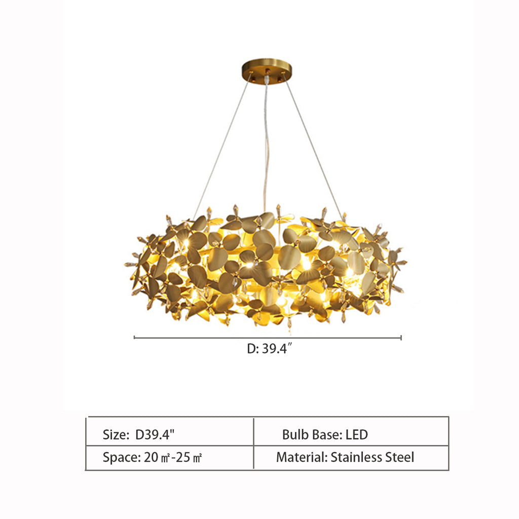 Round: D39.4"  Flower Stainless Steel Halo Chandelier  Mcqueen Round Suspension  Luxxu, Portugal  Luxurious Hollow Golden Dots Flower Cluster Pendant Chandelier for Living/Dining Room