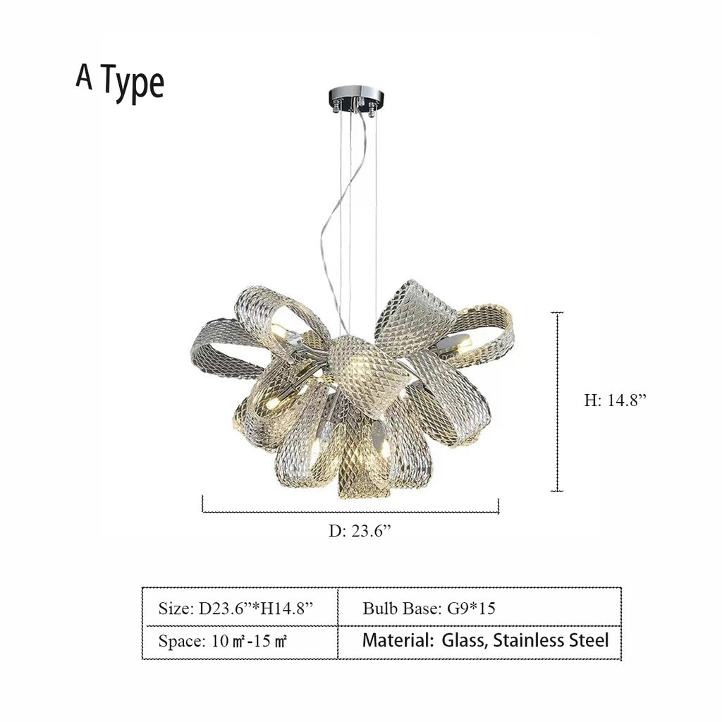 A: D23.6"*H14.8"  flower, bouquet, water ripple glass, stainless steel, art, pendant, chrome, creative, unique, nordic, living room, dining room, bedroom, kitchen island  CRYSTAL LUXURY GOLDEN RIBBON CHANDELIER