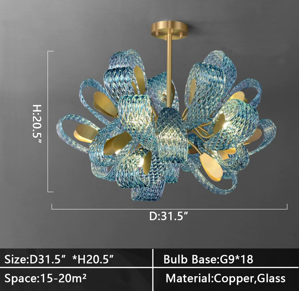 D31.5inches*H20.5inches 18 Lights Extra large art blue chandelier copper light glass light for staircase/high-ceiling living room/foyer.2-story/loft/duplex buildings Flower Creative Bedside Pandant Chandelier Living Room Decor Background Wall Light Luxury Copper Bedroom Blue Glass Hanging Lamp
