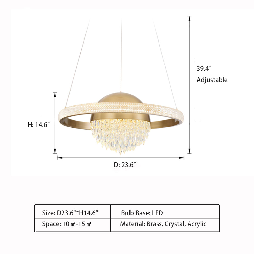  D23.6"*H14.6"  Art Crystal Orbit of Planet Pendant Chandelier in Brass Finish for Dining Room  Brass, Crystal, Acrylic