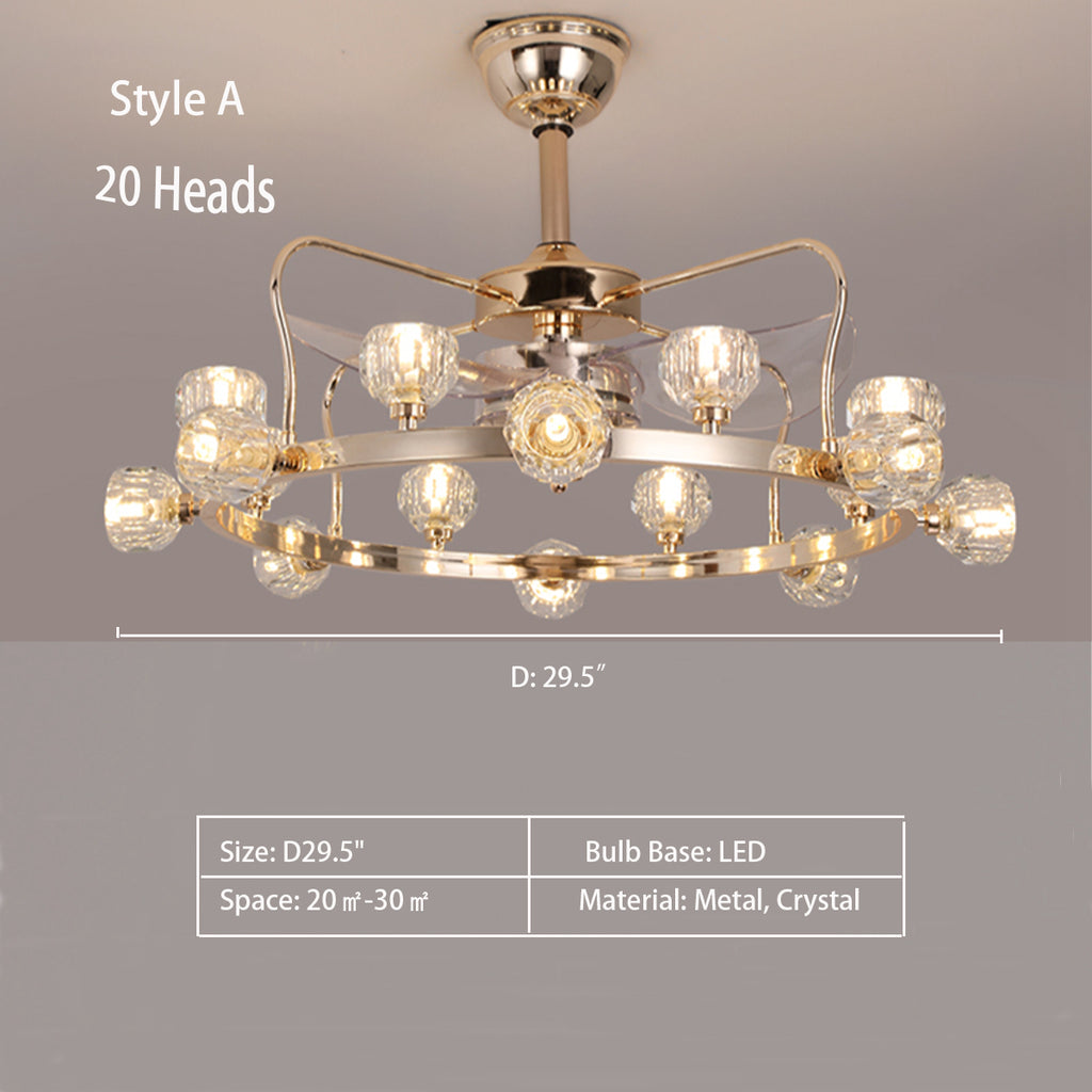 Style A: 20Heads D29.5"  Multi-Head Wreath Invisible Fan Blade Chandelier for Living/Dining Room  Remote Control Included