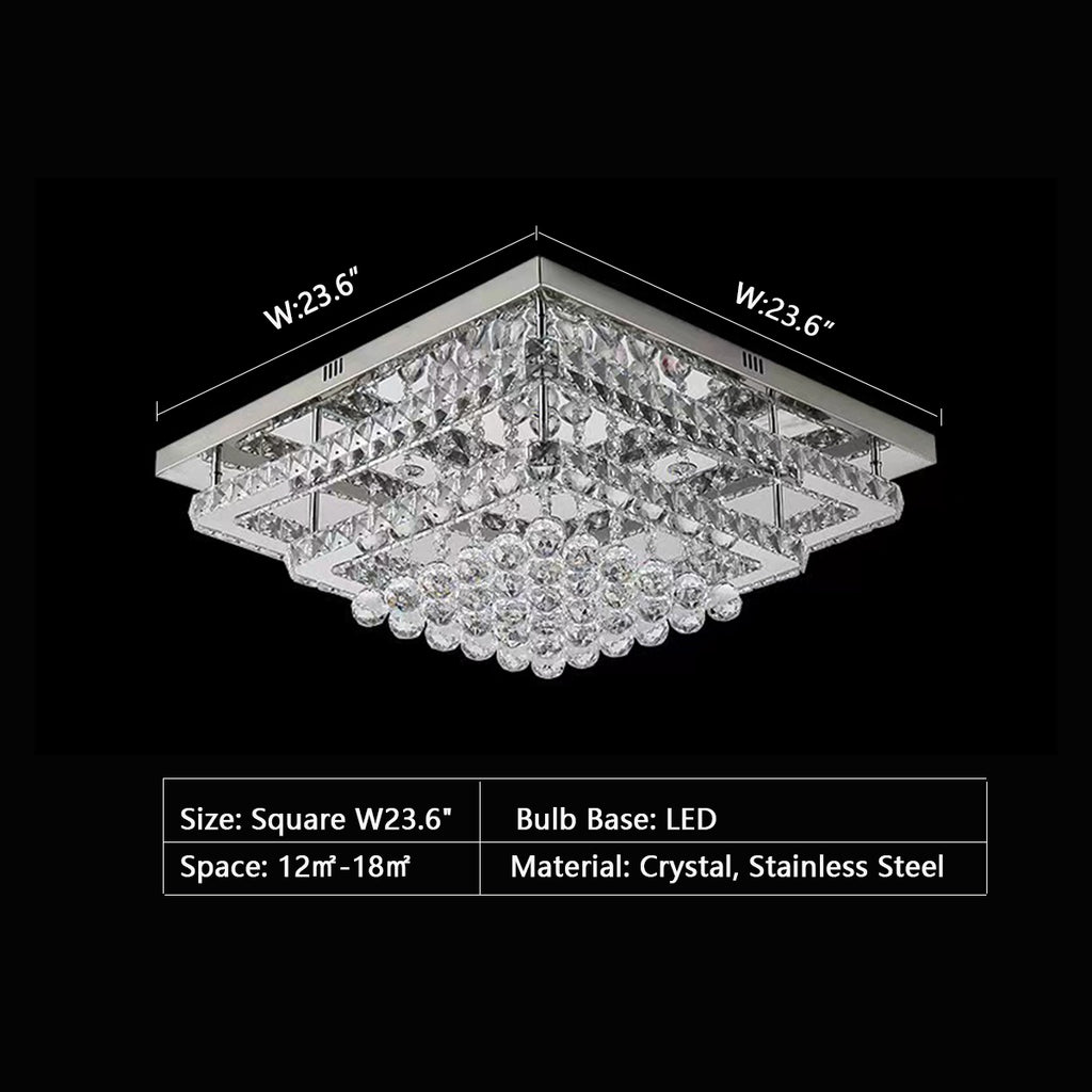 Square: W23.6"  extra large, oversized, for large space, large living room, long dining table, crystal, pendant, flush mount, mirror stainless steel, modern, tiered, chandelier, bedroom