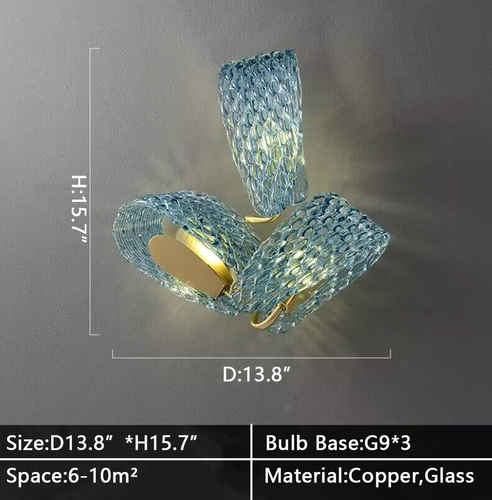 D13.8"*H15.7" SMALL 3LIGHTS Modern Art Creative Blue Flower Glass Wall Sconce Decorative Copper Bedside Wall Lamp Flower Creative Bedside Pandant Chandelier Living Room Decor Background Wall Light Luxury Copper Bedroom Blue Glass Hanging Lamp