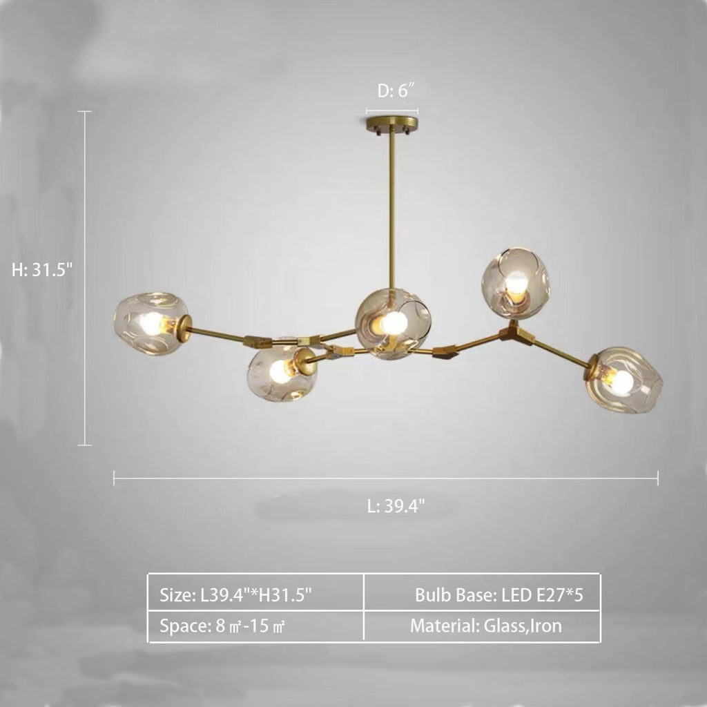 5Heads: L39.4"*H31.5"  Modern Trendy Branch Multi-Head Glass Chandelier for Living/Dining Room  extra large, oversized,  smoky grey, cognac, jade green   classic black and luxurious gold 