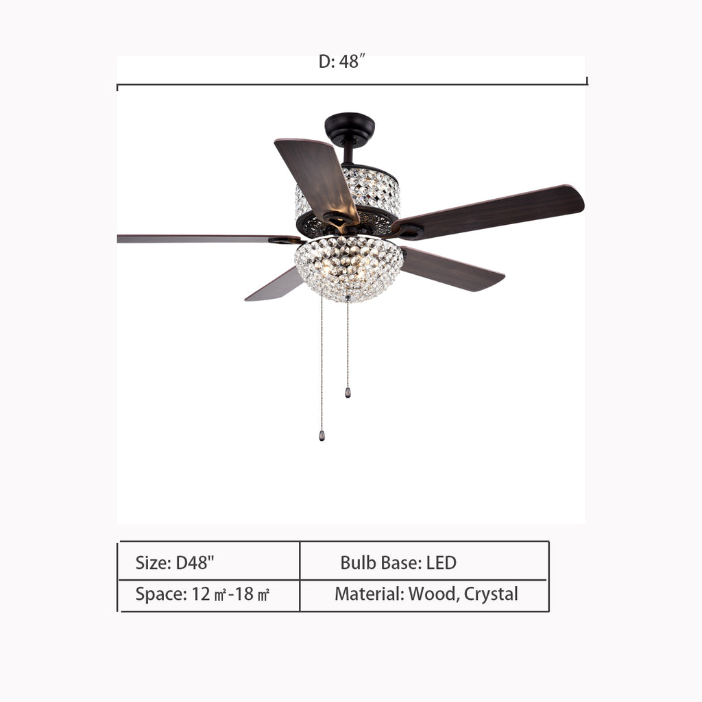 D48"  Modern Boho Tiered Crystal Pendant Wood Fan Blade for Living Room/Bedroom  3-speeds, 5 fan blade, boho,  bohemia, brown, Whisper-quiet motor 