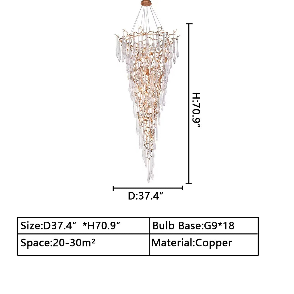 D37.4inches*H70.9inches G9 18lights Extra Large art raindrop branch copper/brass crystal long chandelier modern staircase light fixture for 2-story,duplex buidings,villa entryway ,hotel hallway