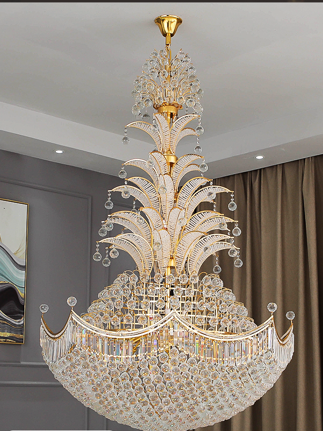 Large Luxury Sago Palm Tree Shape Golden Crystal Chandelier Unique Light Fixture for High Ceiling/ Foyer Staircase/ Duplex/ Villa Entryway