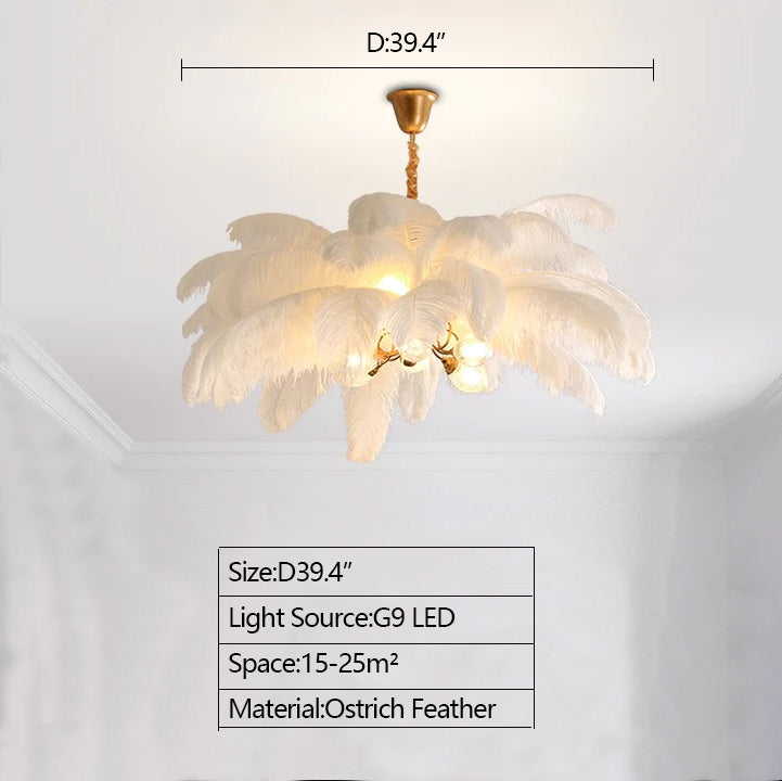D39.4" ostrich feather light fixture white chandelier for bedroom/living room/dining room,create warm and cozy atmosphere