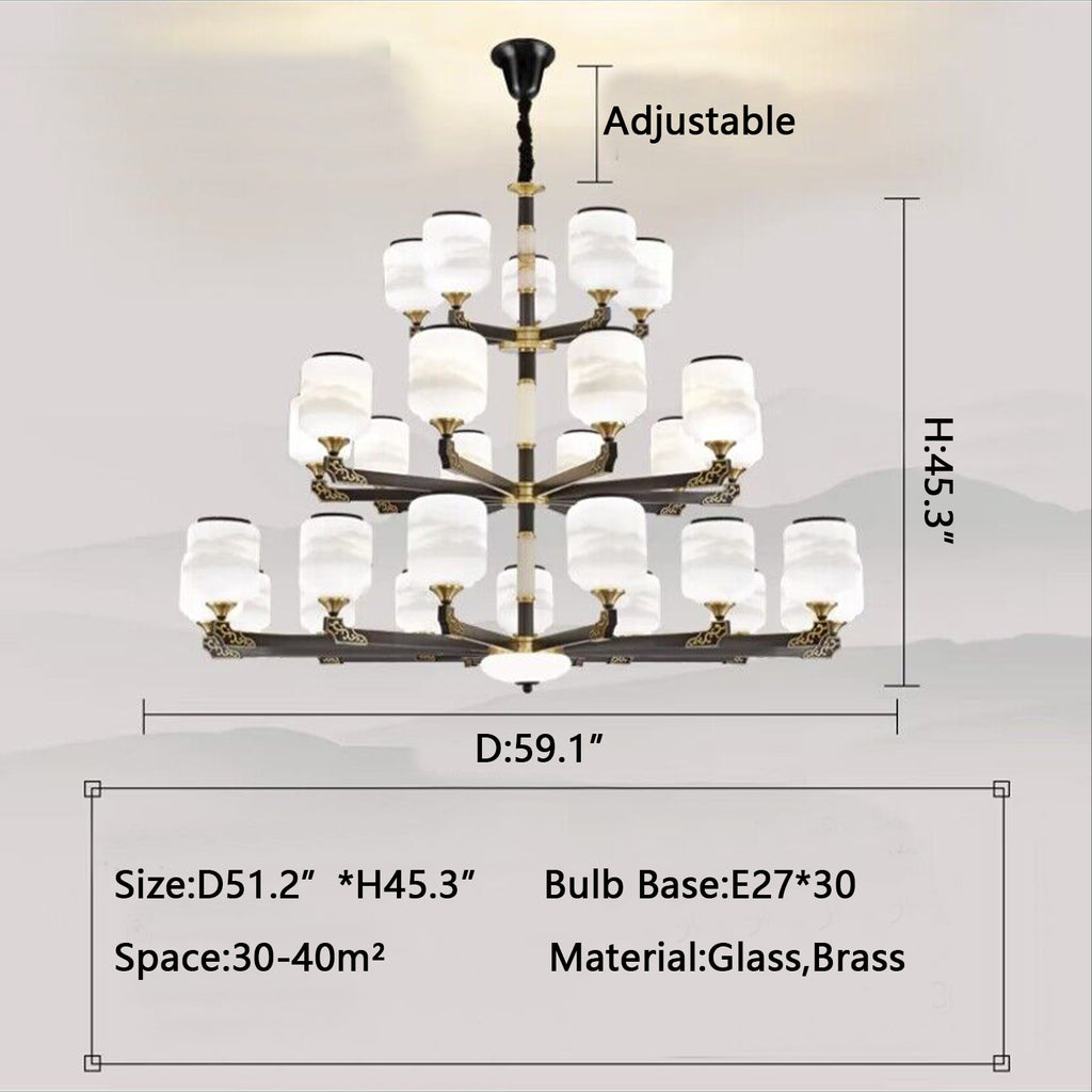 3Layer: D51.2"*H45.3"  antique, multilayer, Chinese, glass, brass, jade, high-ceiling, large living room, staircase