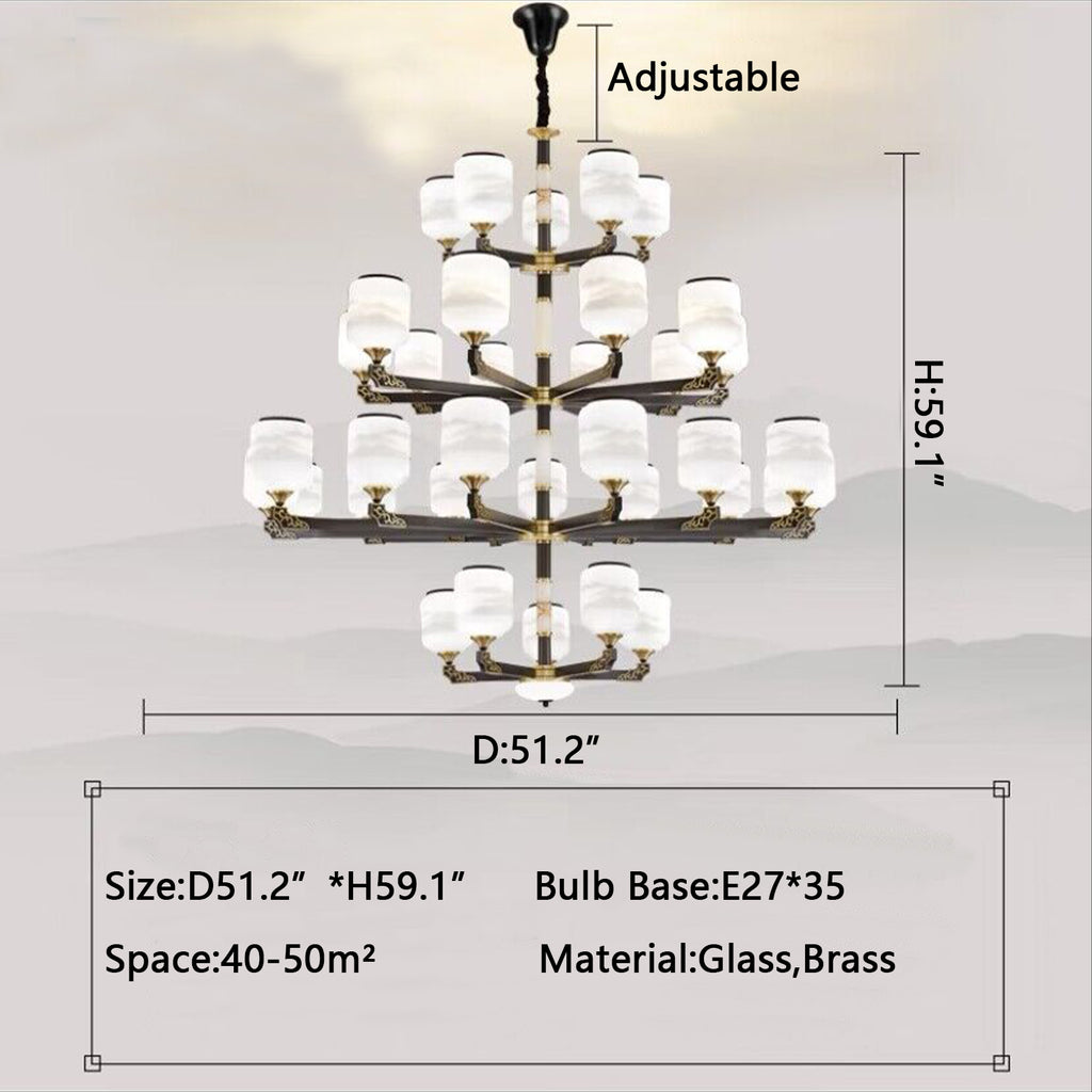 4Layer: D51.2"*H59.1"  antique, multilayer, Chinese, glass, brass, jade, high-ceiling, large living room, staircase