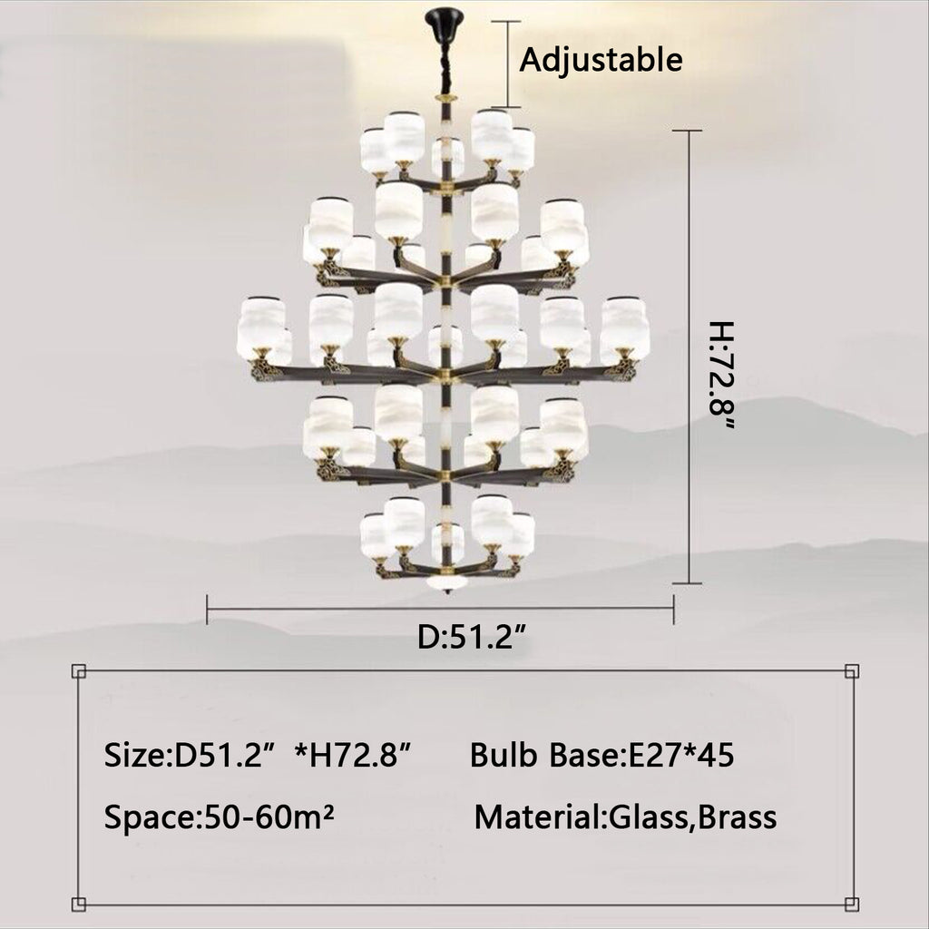 5Layer: D51.2"*H72.8"  antique, multilayer, Chinese, glass, brass, jade, high-ceiling, large living room, staircase