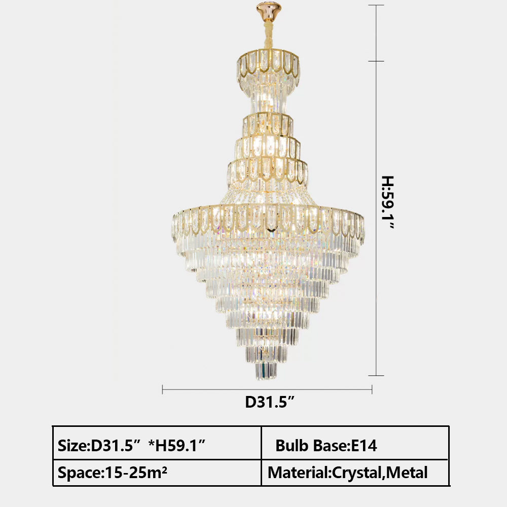 D31.5"*H59.1"Oversized light luxury conical crystal chandelier for high-ceiling staircase/foyer/hallway/entryway,2-story/duplex buildings/hotel lobby/restaurant/coffee shop/bar/new build/new home/self build