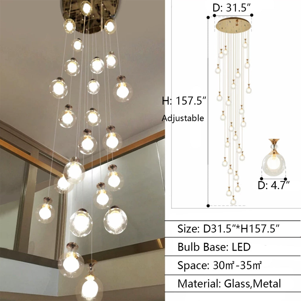 24 Lights D31.5"*H157.5" Modern Nordic Ceiling Long LED Glass multi-lights Bulb chandelier pendant light for 2-story/duplex buildings staircase/entryway/foyer/hotel shopping mall