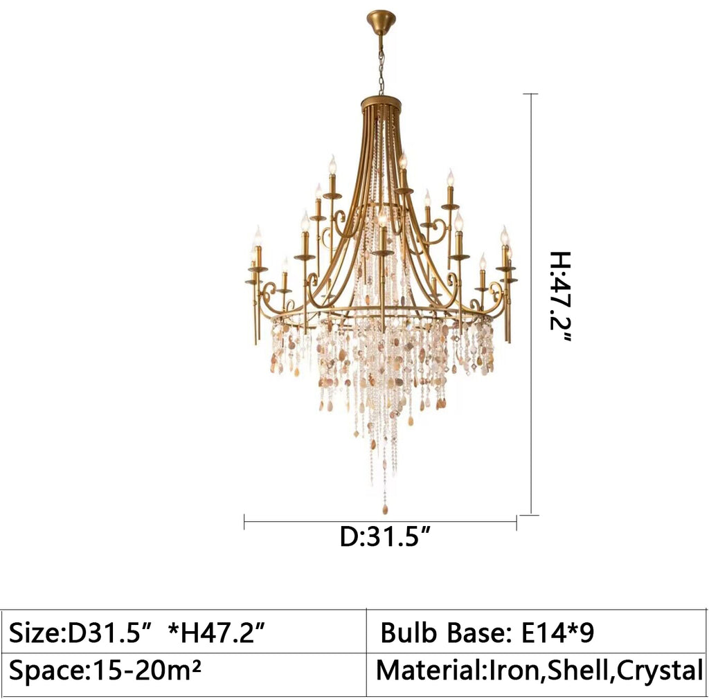 D31.5"*H47.1" EXTRA large 2023 New American Vintage Iron Candle Crystal Chandelier,Fashion Shell Shape Staircase Foyer Lighting