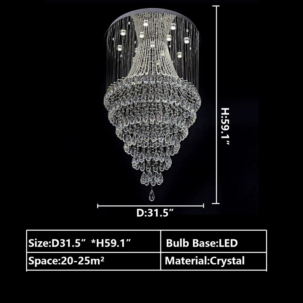 D31.5"*H59.1" eXTRA LARGE/huge long ceiling staircase crystal chandelier silver/chrome ring/round flush mount crystal chandelier multi-layers/tiered crystal light fixture for large foyer/entryway/hallway/hotel lobby/coffee shop/bar