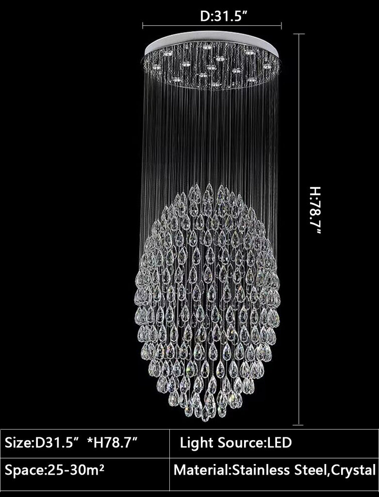 D31.5"*H78.7" Oversized/extra large round/ball/raindrop ceiling/flush mount crystal chandelier modern luxury light for villas/duplex/loft/high floor living room/dining room/staircase/foyer/entryway and hotel lobby/hall,shopping mall center,coffee shop/cafe/bar/restaurant