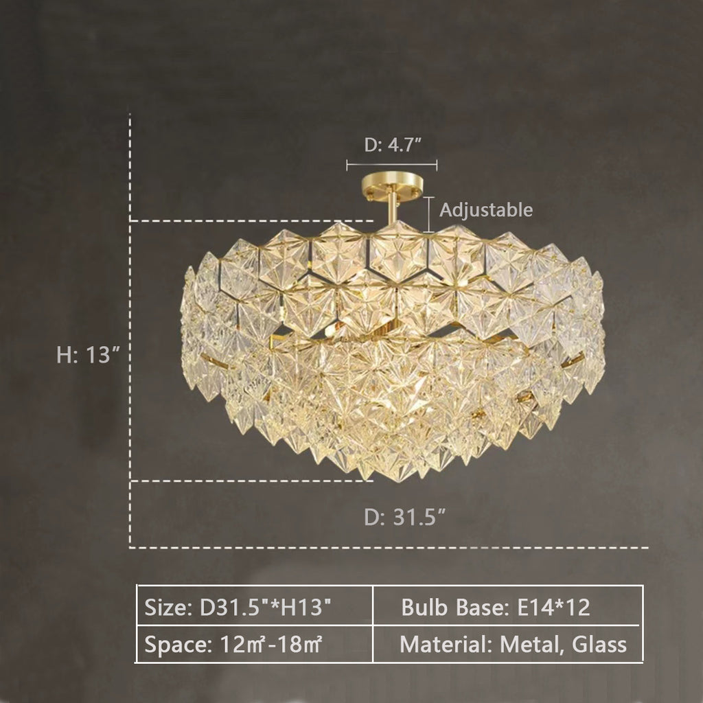 D31.5"*H13"  gold, glass, metal, facet, tiered, modern, round, hexagonal,  pendant, chandelier, bedroom, living room, round dining table