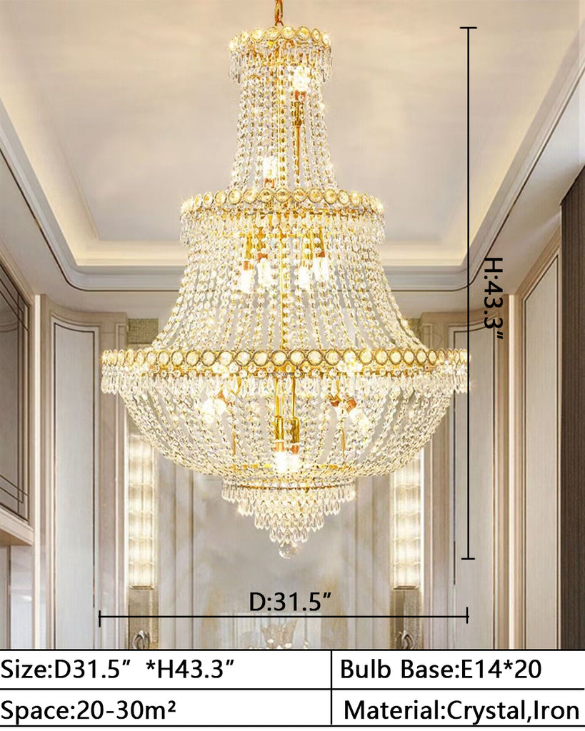 D31.5"*H43.3" Oversize multi-layers luxury crystal chandelier empire style light fixture for villas/duplex buildings/lofts/high floors living room/dining room/entryway/foyer/staircase/entrance/stairwell.and hotel hall,lobby,coffee shop,restaurant, cafe,