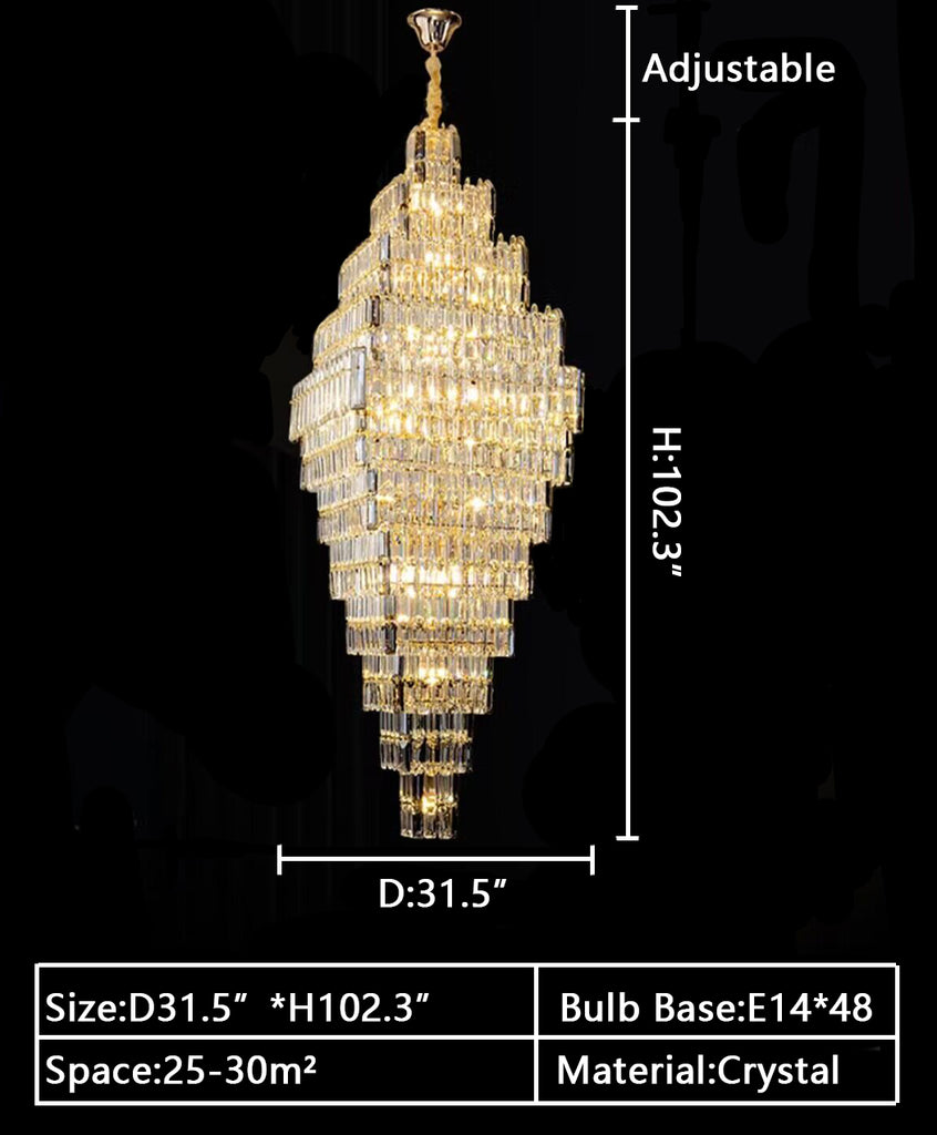 L31.5inches*h102.3inch Extra large/oversized rectangle gold luxury crystal chandelier multi-layers/tiered crystal light for 2-story buildings,big house,hotel,restaurant,coffee table,coffee shop,bar high-ceiling living room chandelier foyer,hallway/staircase/entryway/bedroom/study/, checkroom 、bathroom chandelier long light fixture