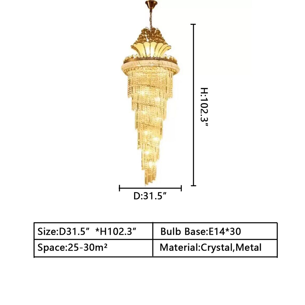 D31.5inches*H102.3inches 30 Lights Huge/Extra Large/Oversized Spin/Cascade Spiral gold crystal chandelier long chandelier light for staircase/foyer/entryway/ hallway