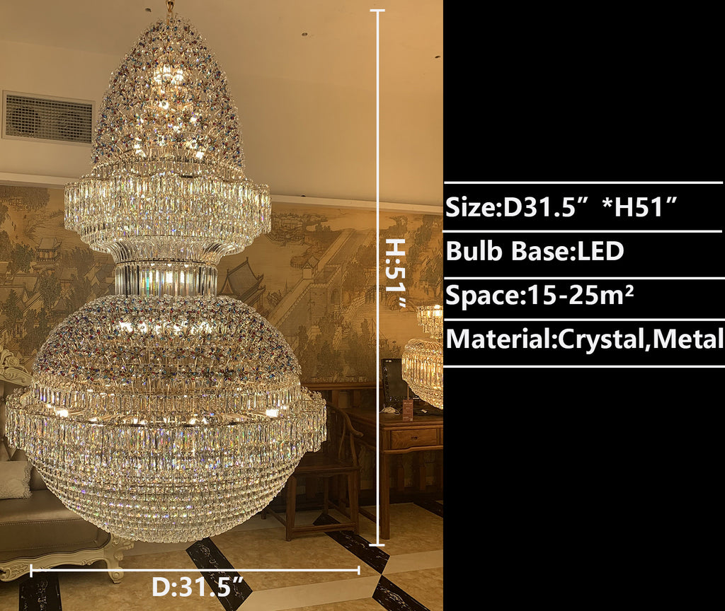 D31.5"*H51"  Extra Large New Gold Luxury Empire Crystal Chandelier Unique Designer Foyer/Hallway Light Fixture