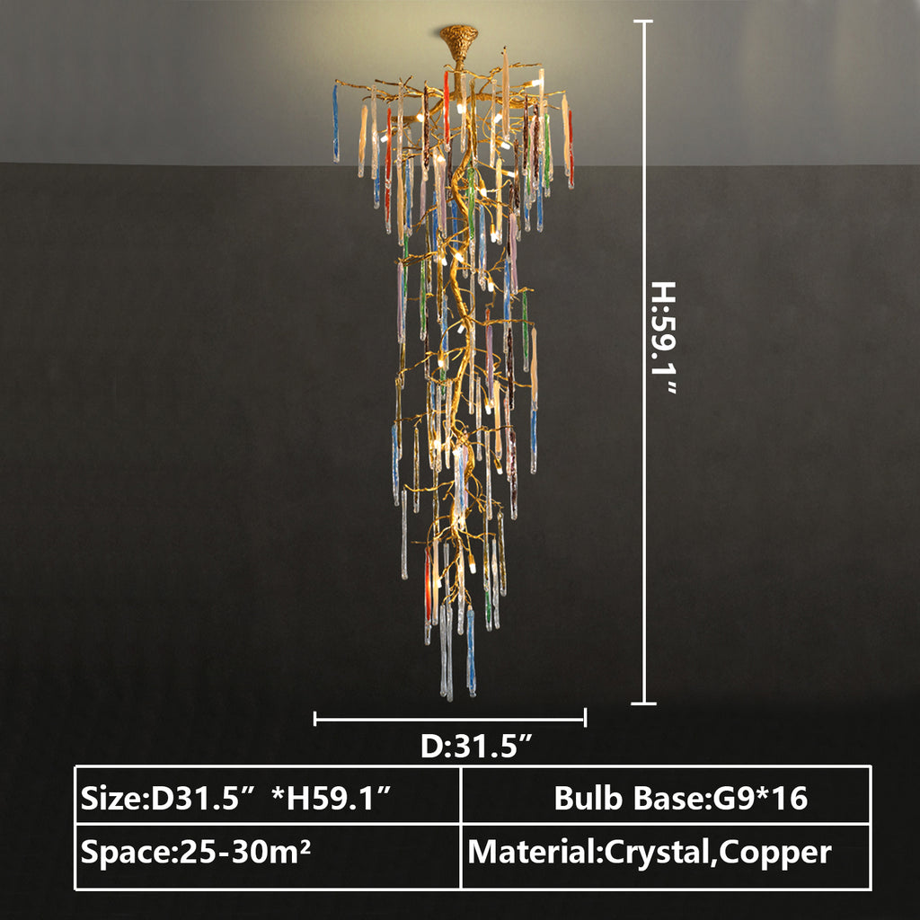 D31.5"*H59.1" 16*G9 GOLD COPPER,COLORFUL CRYSTAL LONG CHANDELIER extra large/huge/oversized art light fixture for staircase/entryway/foyer/hallway