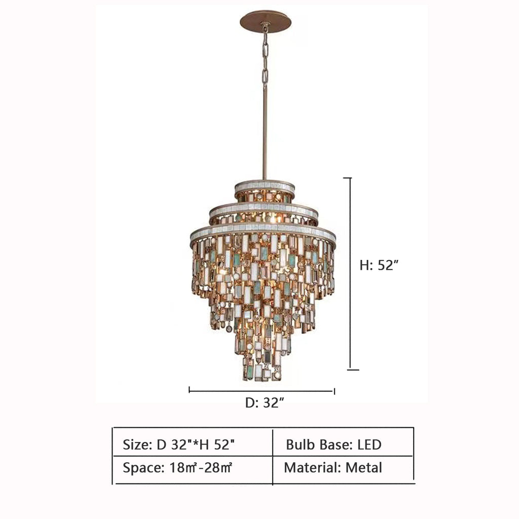 D 32"*H 52"  CORBETT LIGHTING DOLCETTI THREE LIGHT SEMI FLUSH MOUNT 142-33, Corbett Lighting 142-33 DOLCETTI Semi Flush, 18"W x 16.75"H, tiered, colorful glass, gothic cathedurals, great windows, mid-century