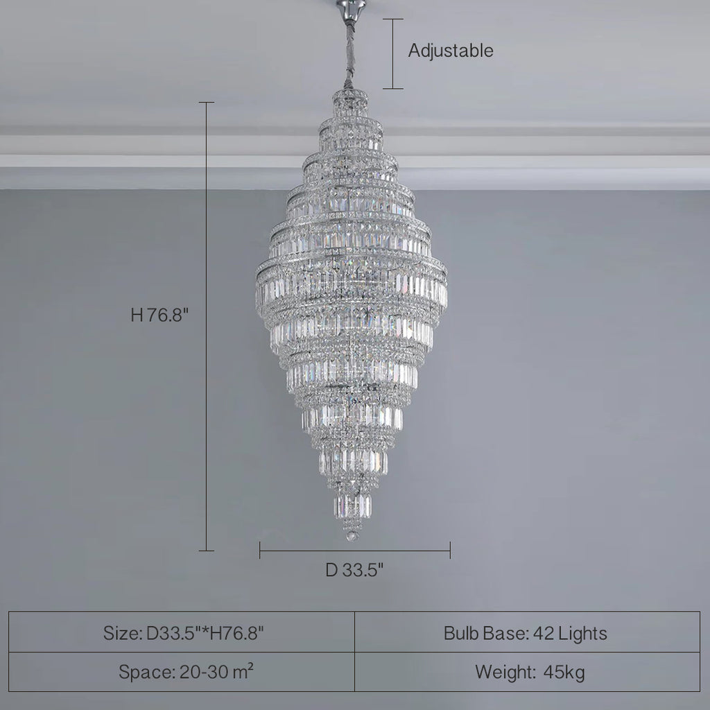Light luxury Huge Crystal  Chandelier, 76.8inch high,Weight 45kg   Available in a chrome finish with clear crystals, these lamps are a luxurious addition to a dining room, stairwell, foyer, or living room.