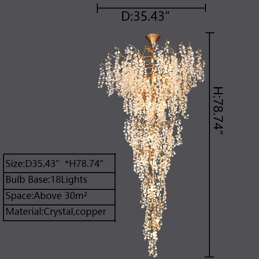 super huge D35.43inch*H78.74inch brass branch crystal chandelier for luxury villa hall/hotel lobby/entryway/foyer/staircase