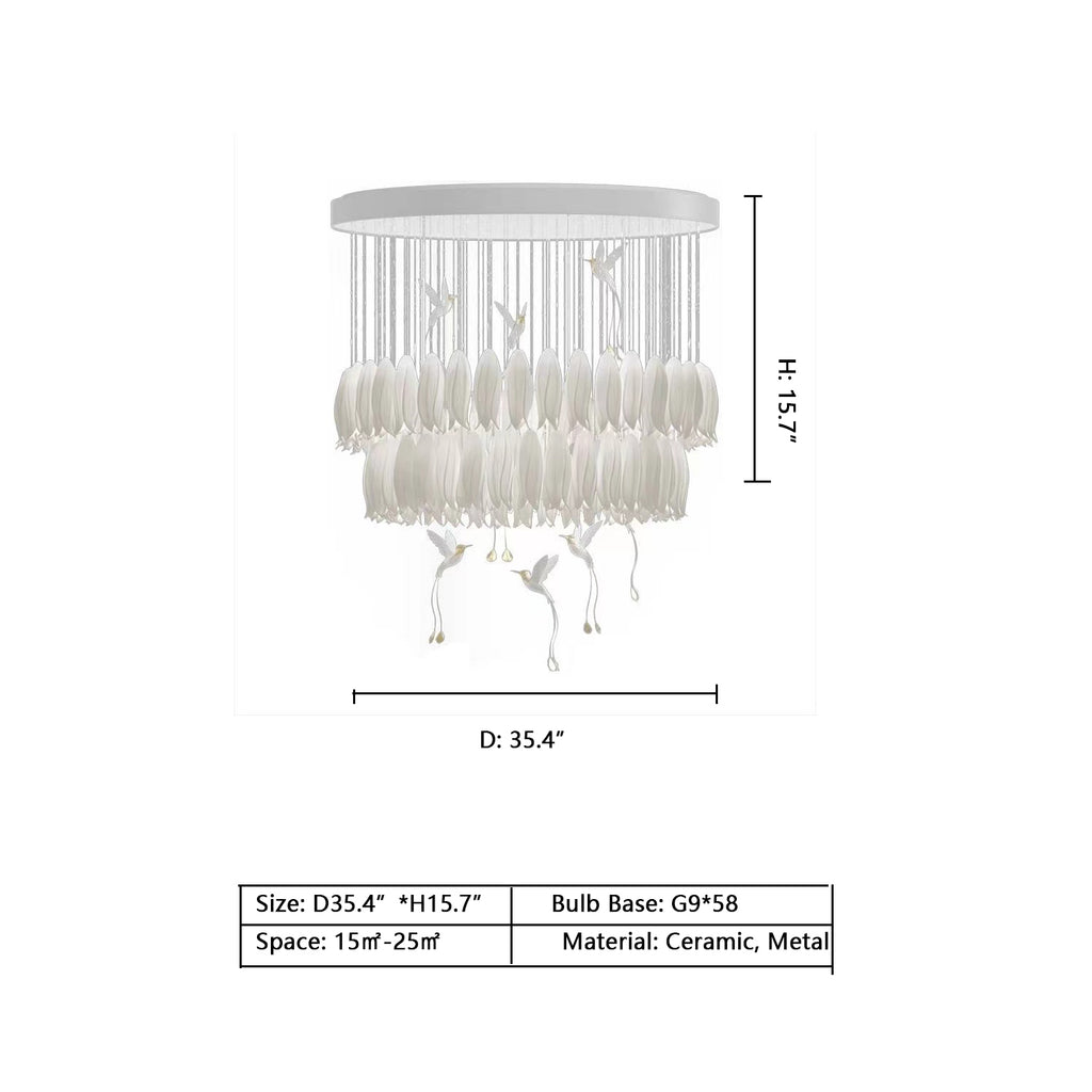 2Layer: 58Heads D35.4"*H15.7" sagarti, white, tiered, ceramic, tulip, bird, pendant, loft, living room, staircase, villa