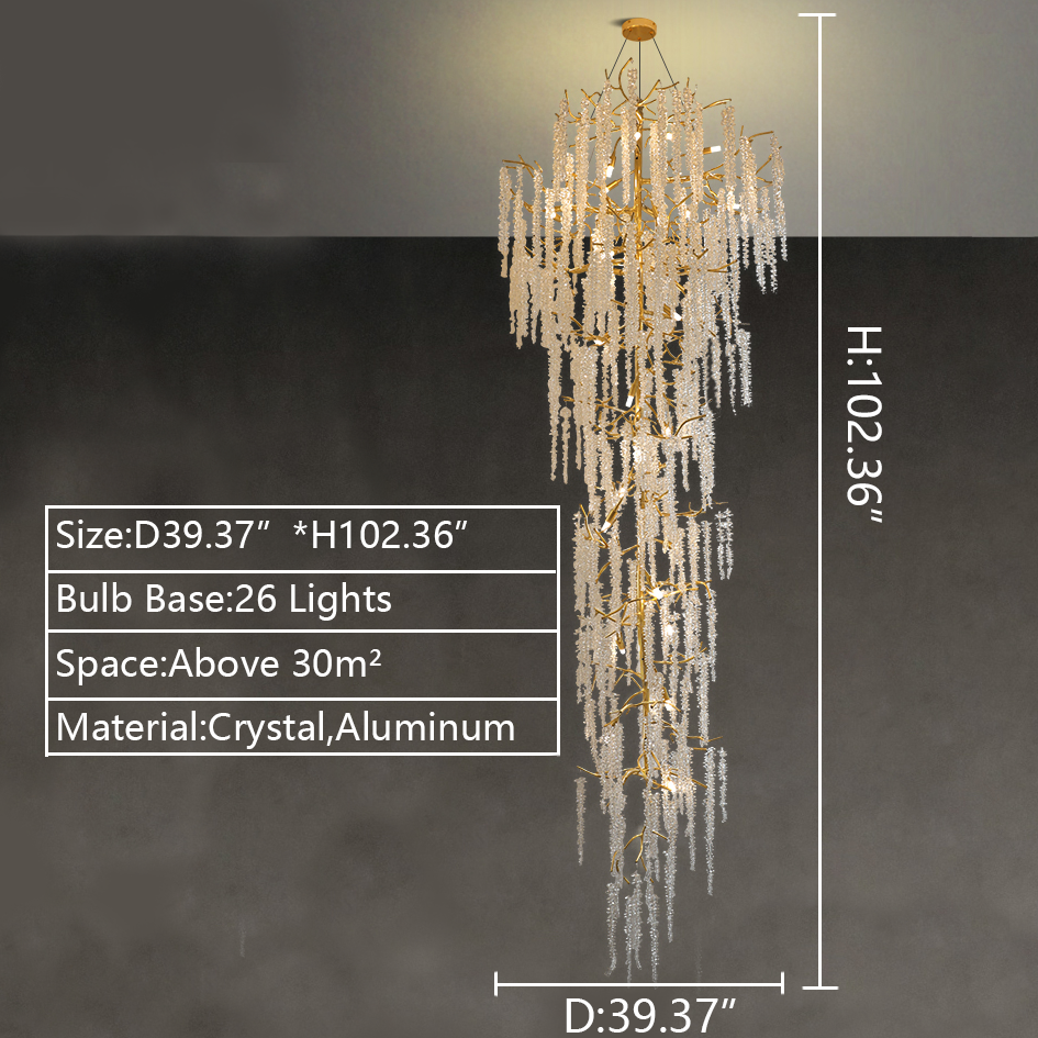 D39.37inch*H102.36inch extra large branch long gold crystal chandelier for villa foyer/dining/living room/hotel hall/lobby.entryway