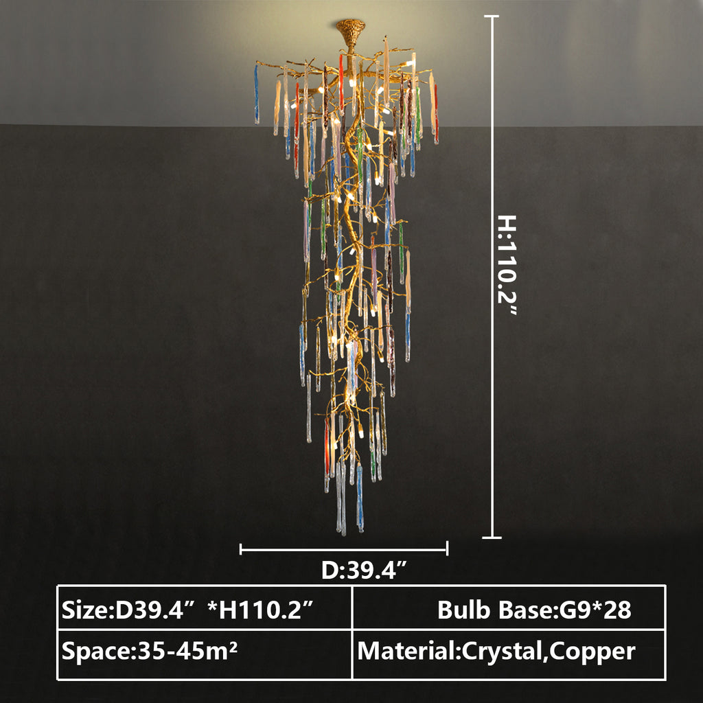 d39.4"*h110.2" 28*G9 GOLD COPPER,COLORFUL CRYSTAL LONG CHANDELIER extra large/huge/oversized art light fixture for staircase/entryway/foyer/hallway