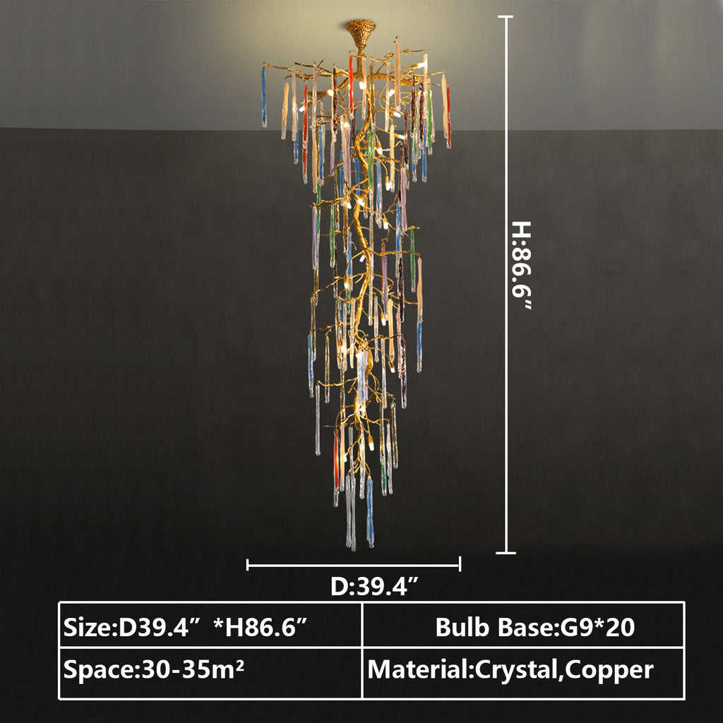 d39.4"*h86.6" 20*G9 GOLD COPPER,COLORFUL CRYSTAL LONG CHANDELIER extra large/huge/oversized art light fixture for staircase/entryway/foyer/hallway