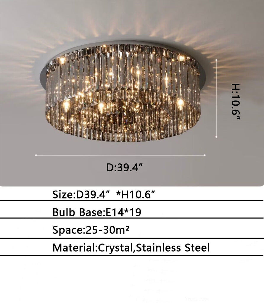 D39.4" Extra Large Flush Mount Round Crystal Light Modern Smoky-gray Light Luxury Light Fixture For Bedroom/Living Room/Dining Room 