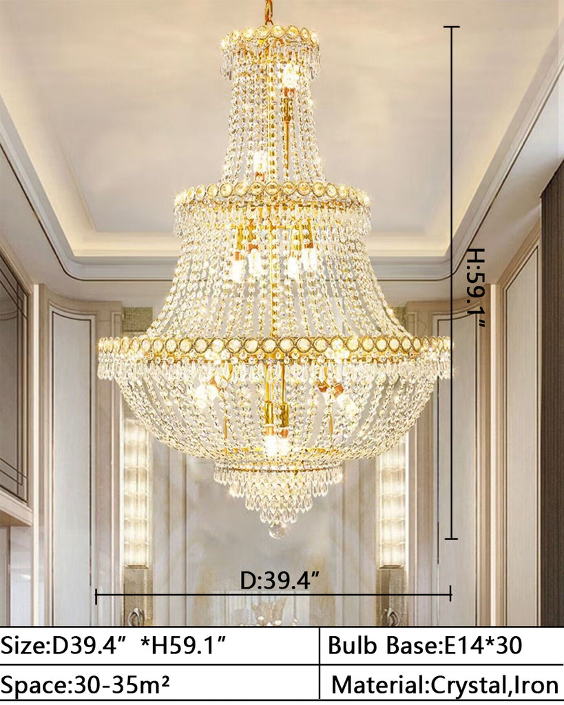 D39.4"*H59.1" Oversize multi-layers luxury crystal chandelier empire style light fixture for villas/duplex buildings/lofts/high floors living room/dining room/entryway/foyer/staircase/entrance/stairwell.and hotel hall,lobby,coffee shop,restaurant, cafe,