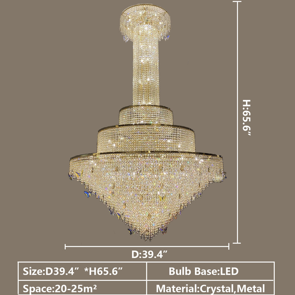 D39.4"*H65.6"extra large/oversized/huge Modern Romantic Butterfly Crystal Chandelier Art Colorful Crystal Gold light fxiture for 2-story/duplex building foyer/staircase/foyer/hallway/entryway/living room