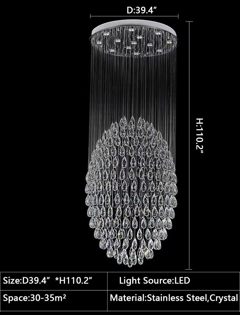 D39.4"*H110.2" Oversized/extra large round/ball/raindrop ceiling/flush mount crystal chandelier modern luxury light for villas/duplex/loft/high floor living room/dining room/staircase/foyer/entryway and hotel lobby/hall,shopping mall center,coffee shop/cafe/bar/restaurant