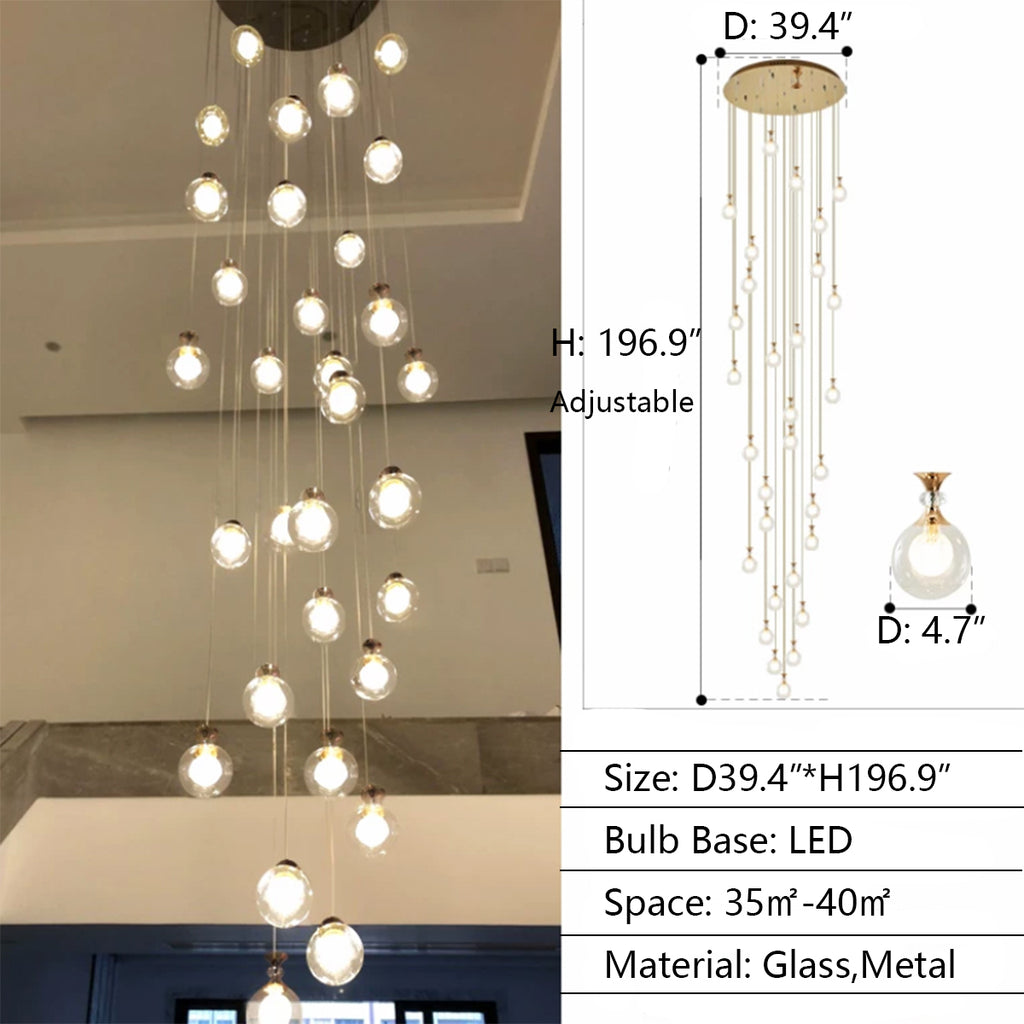 30 Lights D39.4"*H196.9" Modern Nordic Ceiling Long LED Glass multi-lights Bulb chandelier pendant light for 2-story/duplex buildings staircase/entryway/foyer/hotel shopping mall